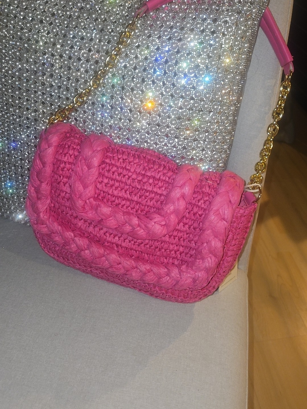 Pink Braided Shoulder Bag with Gold Chain